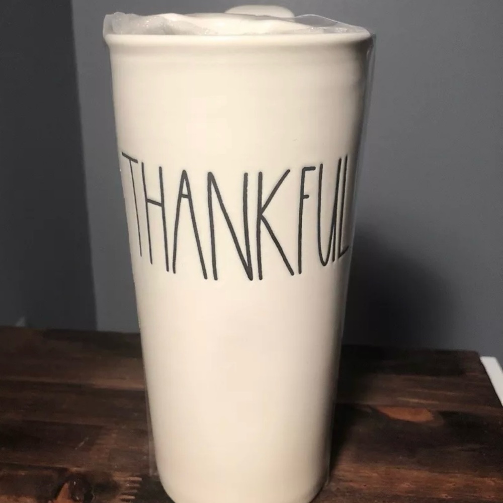 Rae Dunn Ceramic Coffee Tea THANKFUL Fall Travel Cup Tumbler Thanksgiving NEW
